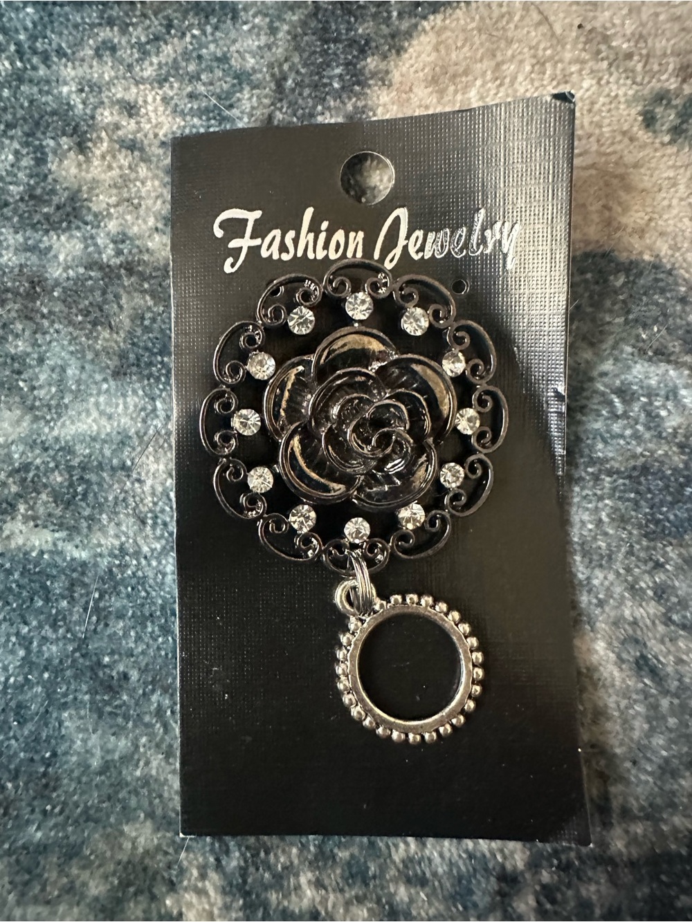 Magnetic Badge Holder Jewelry Black Floral Brooch Clear Stones and Silver Charm